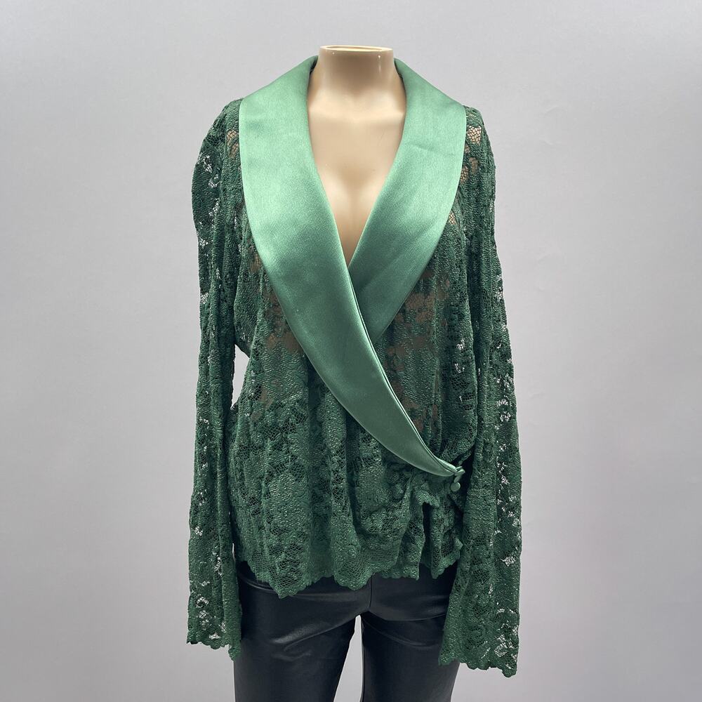 Joseph Ribkoff Jacket Women US 14 Green Lace Evening Formal Satin Collar Whimsy